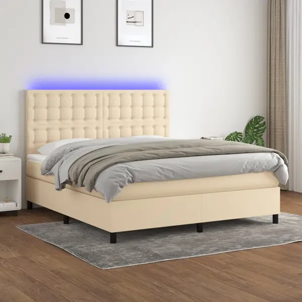 Gossi pat cu arcuri, saltea si led, crem, 160x200 cm, textil