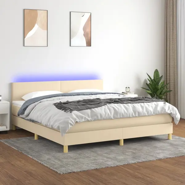 Gossi pat cu arcuri, saltea si led, crem, 160x200 cm, textil
