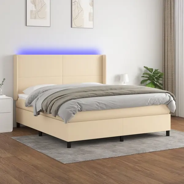 Gossi pat cu arcuri, saltea si led, crem, 160x200 cm, textil