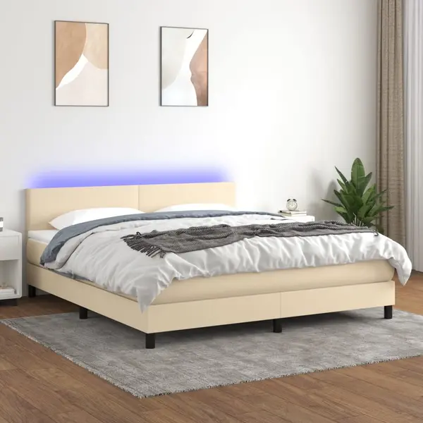 Gossi pat cu arcuri, saltea si led, crem, 180x200 cm, textil
