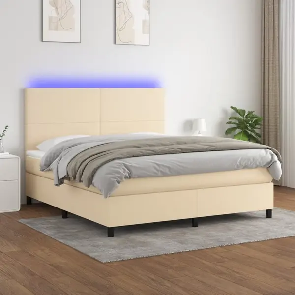 Gossi pat cu arcuri, saltea si led, crem, 180x200 cm, textil