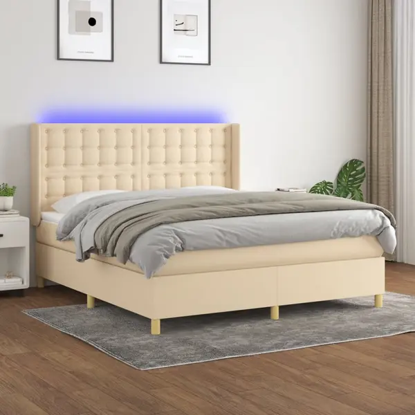 Gossi pat cu arcuri, saltea si led, crem, 180x200 cm, textil