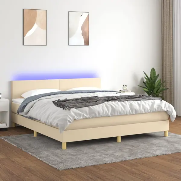 Gossi pat cu arcuri, saltea si led, crem, 180x200 cm, textil