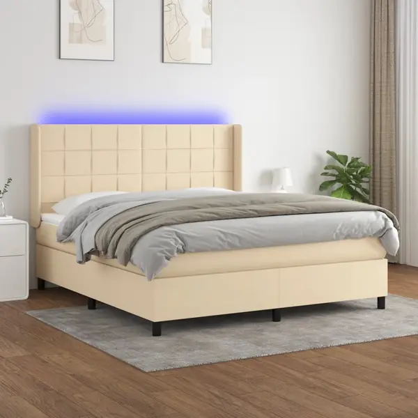 Gossi pat cu arcuri, saltea si led, crem, 180x200 cm, textil