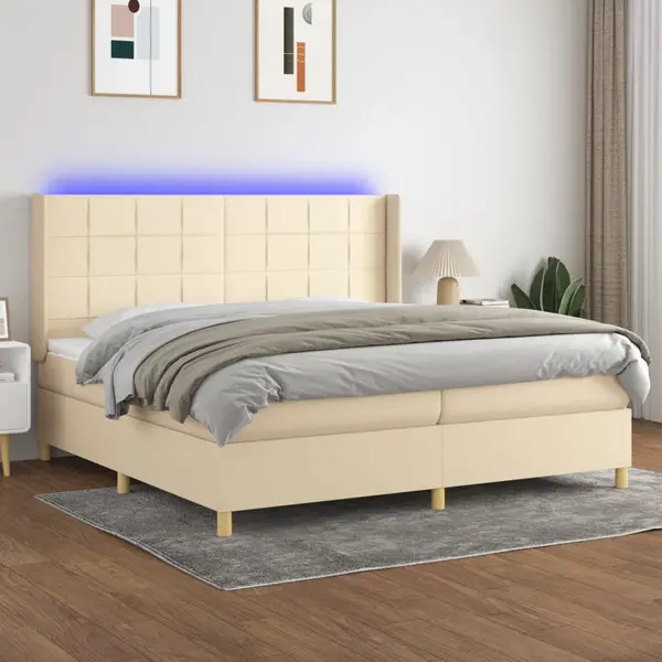 Gossi pat cu arcuri, saltea si led, crem, 200x200 cm, textil
