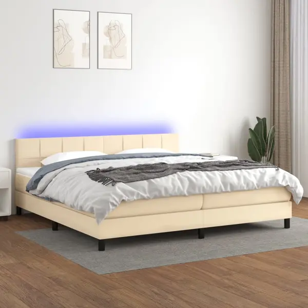 Gossi pat cu arcuri, saltea si led, crem, 200x200 cm, textil