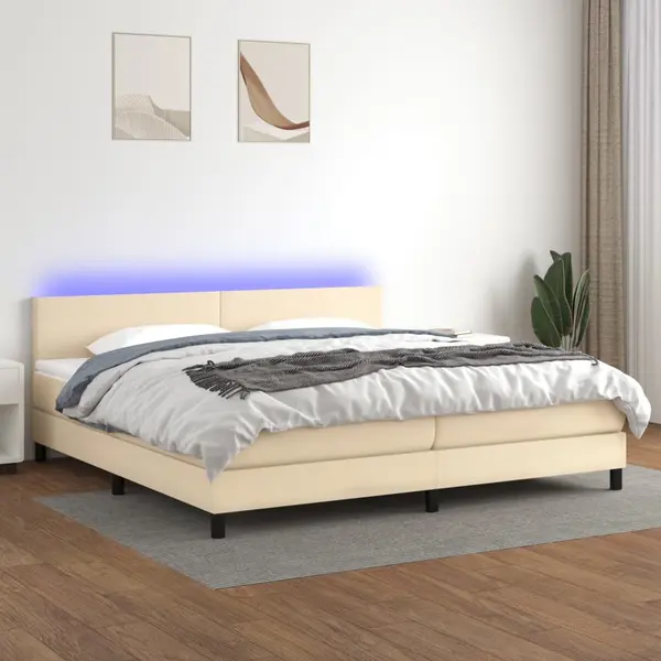 Gossi pat cu arcuri, saltea si led, crem, 200x200 cm, textil