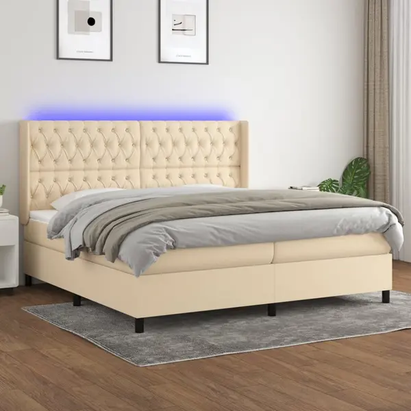 Gossi pat cu arcuri, saltea si led, crem, 200x200 cm, textil