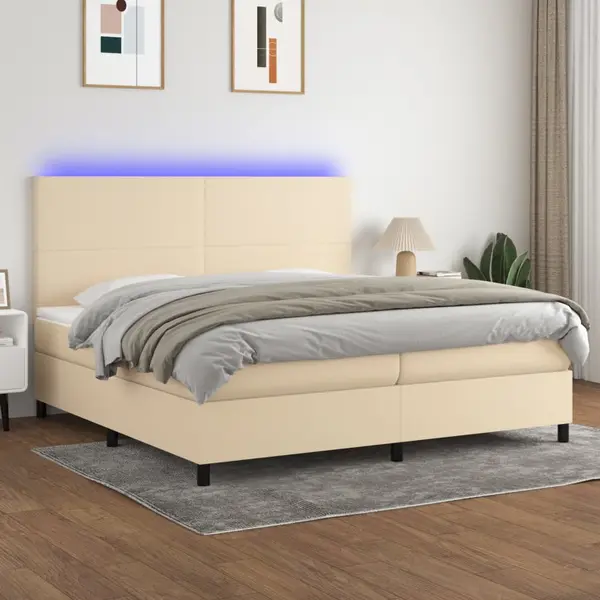 Gossi pat cu arcuri, saltea si led, crem, 200x200 cm, textil