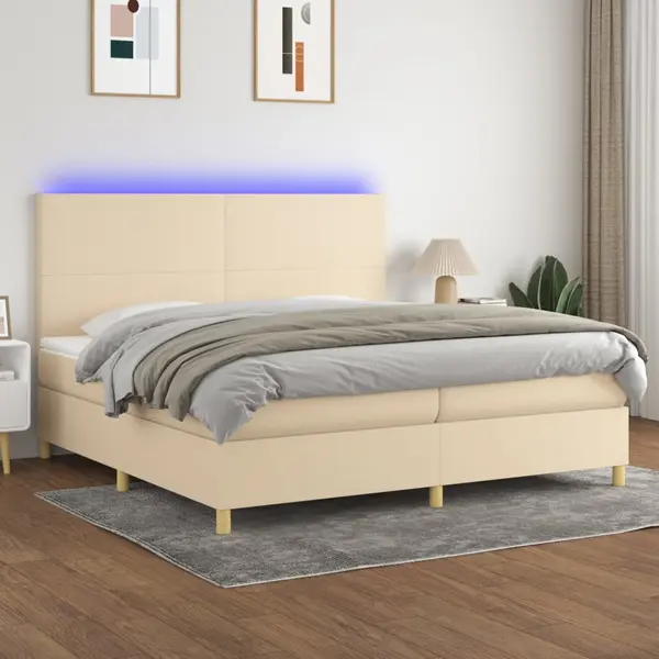 Gossi pat cu arcuri, saltea si led, crem, 200x200 cm, textil