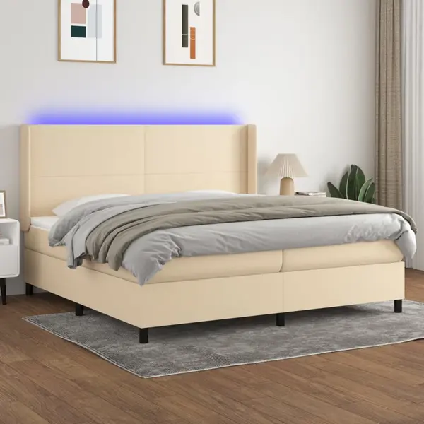 Gossi pat cu arcuri, saltea si led, crem, 200x200 cm, textil