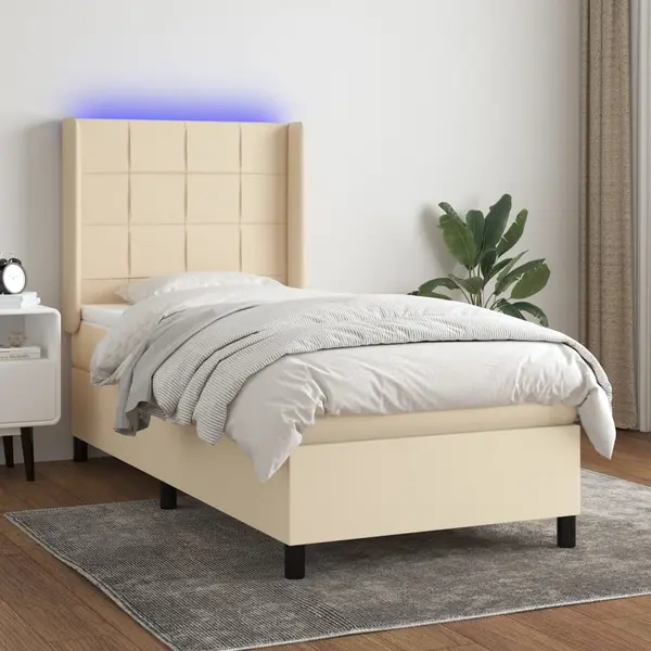 Gossi pat cu arcuri, saltea si led, crem, 90x200 cm, textil