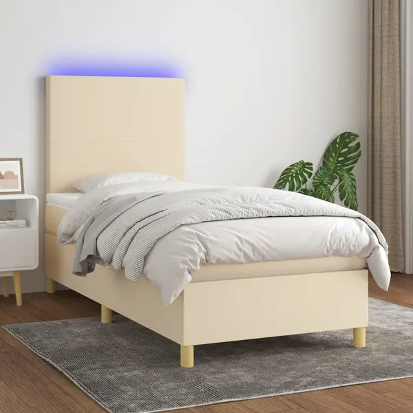 Gossi pat cu arcuri, saltea si led, crem, 90x200 cm, textil