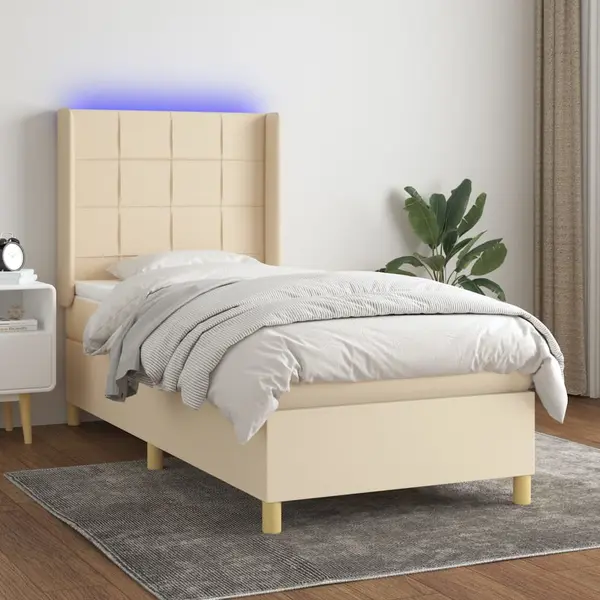 Gossi pat cu arcuri, saltea si led, crem, 90x200 cm, textil