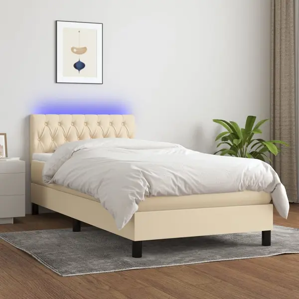 Gossi pat cu arcuri, saltea si led, crem, 90x200 cm, textil