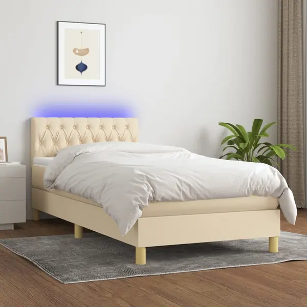 Gossi pat cu arcuri, saltea si led, crem, 90x200 cm, textil