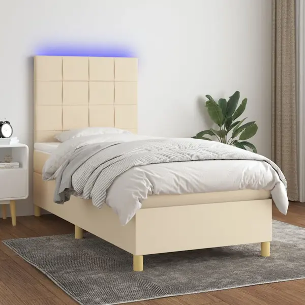 Gossi pat cu arcuri, saltea si led, crem, 90x200 cm, textil