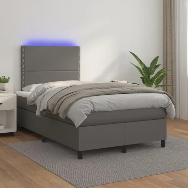 Gossi pat cu arcuri, saltea si led, gri, 120x200 cm, piele ecologica