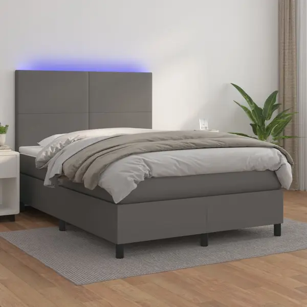 Gossi pat cu arcuri, saltea si led, gri, 140x200 cm, piele eco