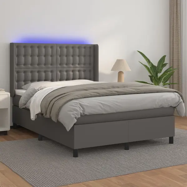 Gossi pat cu arcuri, saltea si led, gri, 140x200 cm, piele eco