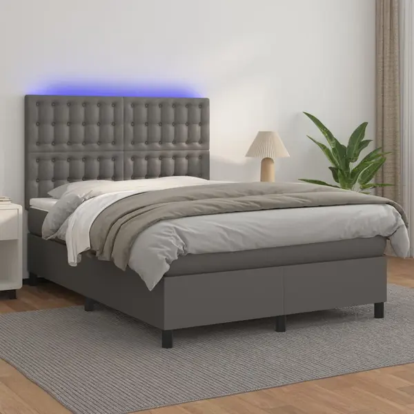 Gossi pat cu arcuri, saltea si led, gri, 140x200 cm, piele eco