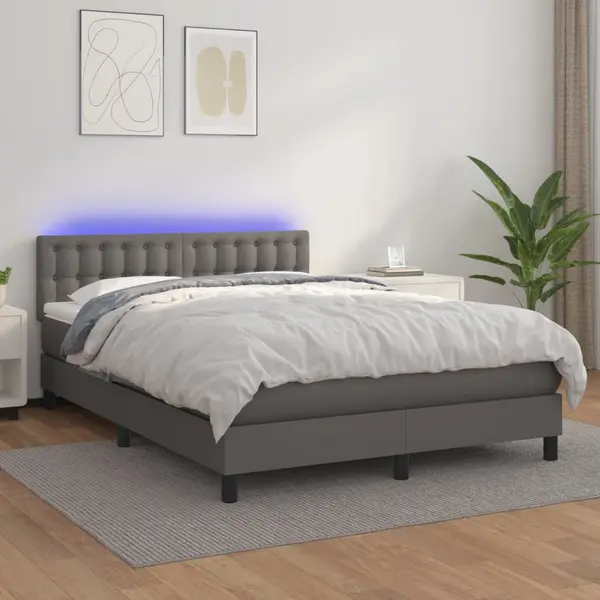 Gossi pat cu arcuri, saltea si led, gri, 140x200 cm, piele eco