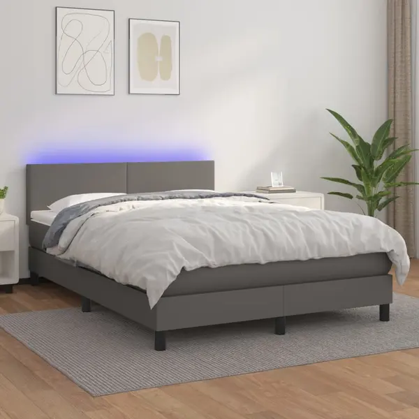 Gossi pat cu arcuri, saltea si led, gri, 140x200 cm, piele eco