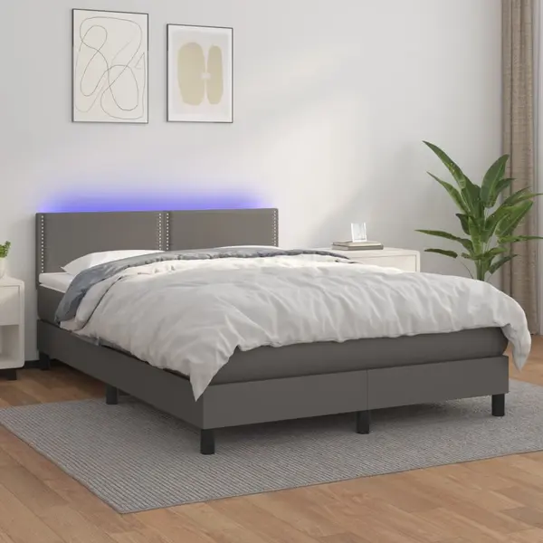 Gossi pat cu arcuri, saltea si led, gri, 140x200 cm, piele eco