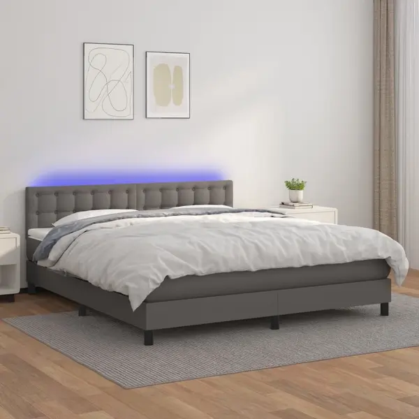 Gossi pat cu arcuri, saltea si led, gri, 180x200 cm, piele ecologica