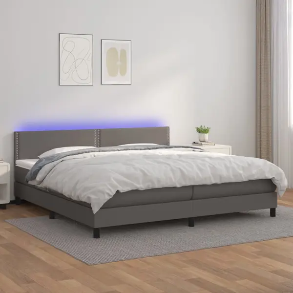 Gossi pat cu arcuri, saltea si led, gri, 200x200 cm, piele ecologica