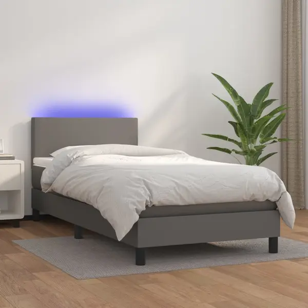 Gossi pat cu arcuri, saltea si led, gri, 90x190 cm, piele ecologica