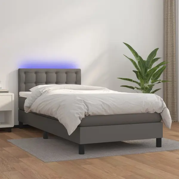 Gossi pat cu arcuri, saltea si led, gri, 90x190 cm, piele ecologica