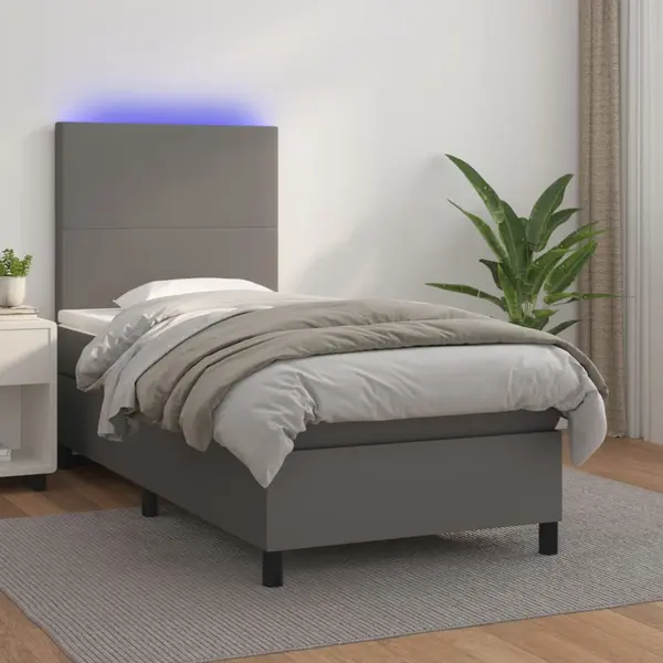 Gossi pat cu arcuri, saltea si led, gri, 90x200 cm, piele ecologica