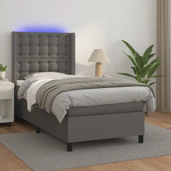Gossi pat cu arcuri, saltea si led, gri, 90x200 cm, piele ecologica