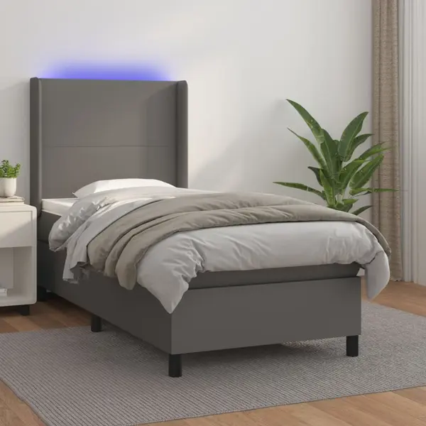 Gossi pat cu arcuri, saltea si led, gri, 90x200 cm, piele ecologica