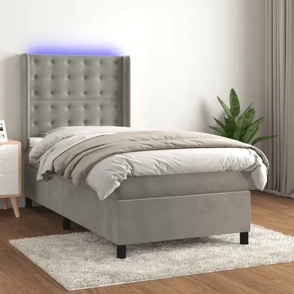 Gossi pat cu arcuri, saltea si led, gri deschis, 100x200 cm, catifea