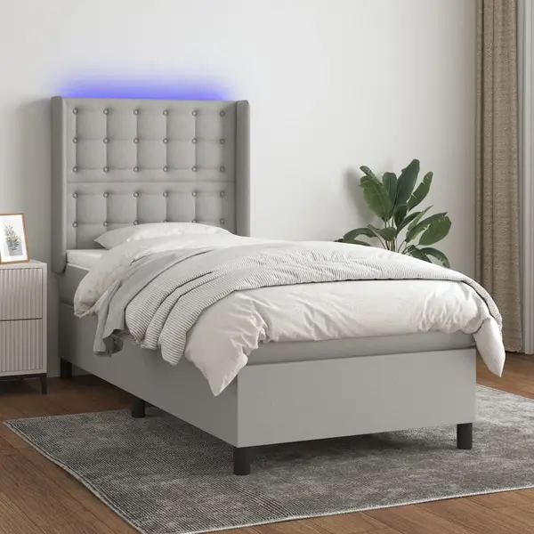 Gossi pat cu arcuri, saltea si led, gri deschis, 100x200 cm, textil