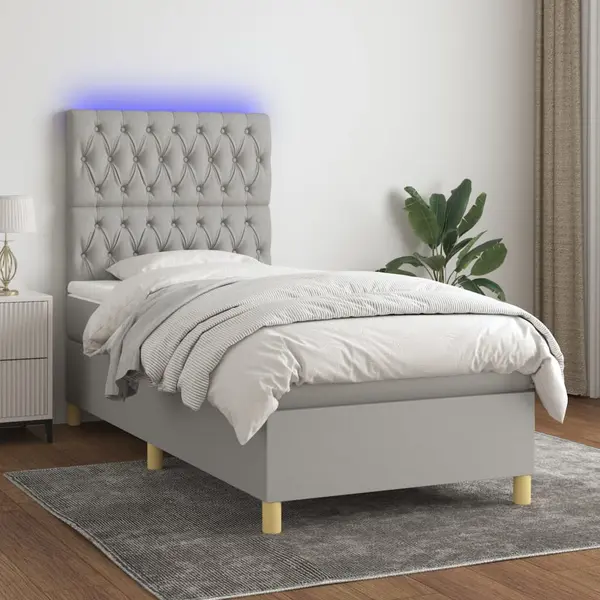 Gossi pat cu arcuri, saltea si led, gri deschis, 100x200 cm, textil
