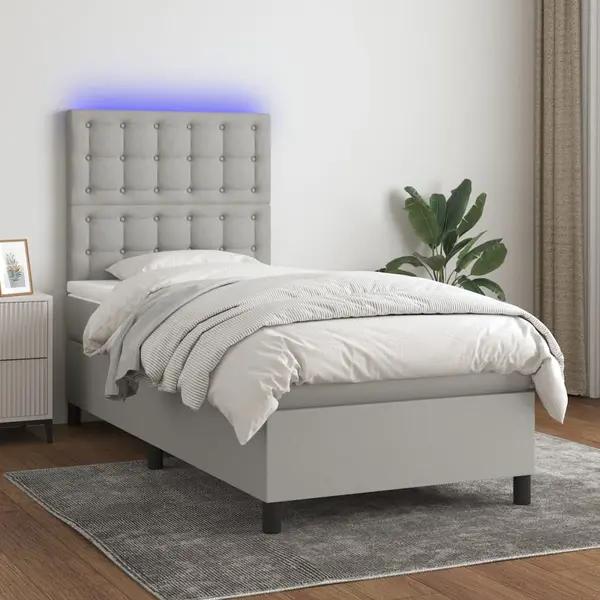 Gossi pat cu arcuri, saltea si led, gri deschis, 100x200 cm, textil