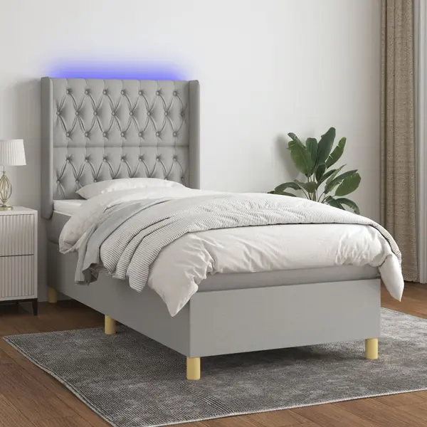 Gossi pat cu arcuri, saltea si led, gri deschis, 100x200 cm, textil