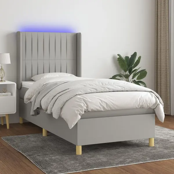 Gossi pat cu arcuri, saltea si led, gri deschis, 100x200 cm, textil
