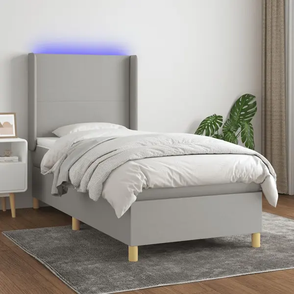 Gossi pat cu arcuri, saltea si led, gri deschis, 100x200 cm, textil