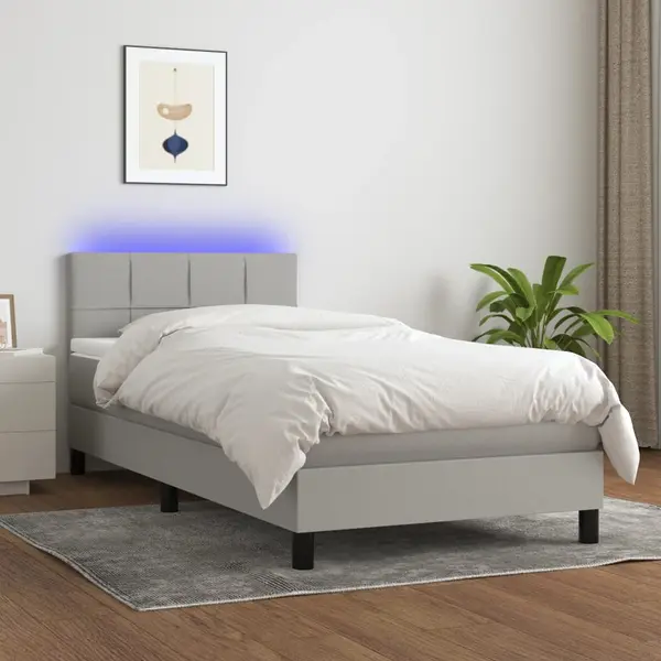 Gossi pat cu arcuri, saltea si led, gri deschis, 100x200 cm, textil