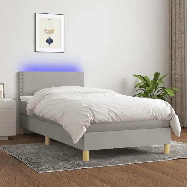Gossi pat cu arcuri, saltea si led, gri deschis, 100x200 cm, textil