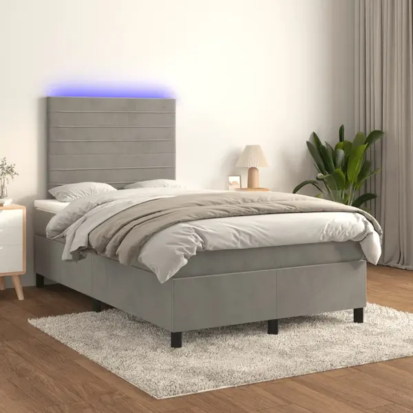 Gossi pat cu arcuri, saltea si led, gri deschis, 120x200 cm, catifea