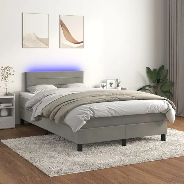 Gossi pat cu arcuri, saltea si led, gri deschis, 120x200 cm, catifea