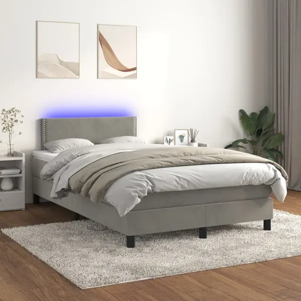 Gossi pat cu arcuri, saltea si led, gri deschis, 120x200 cm, catifea