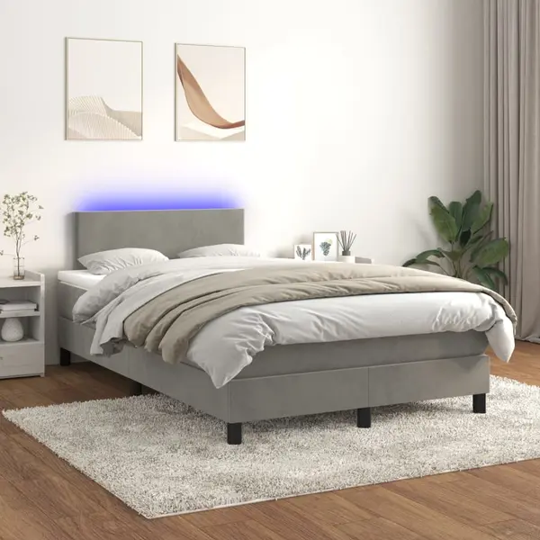 Gossi pat cu arcuri, saltea si led, gri deschis, 120x200 cm, catifea