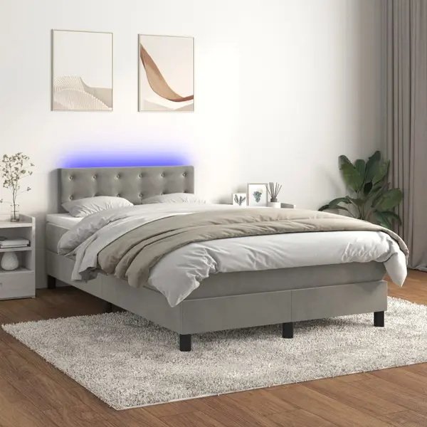 Gossi pat cu arcuri, saltea si led, gri deschis, 120x200 cm, catifea