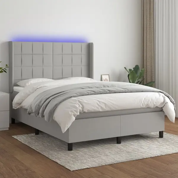 Gossi pat cu arcuri, saltea si led, gri deschis, 140x190 cm, textil